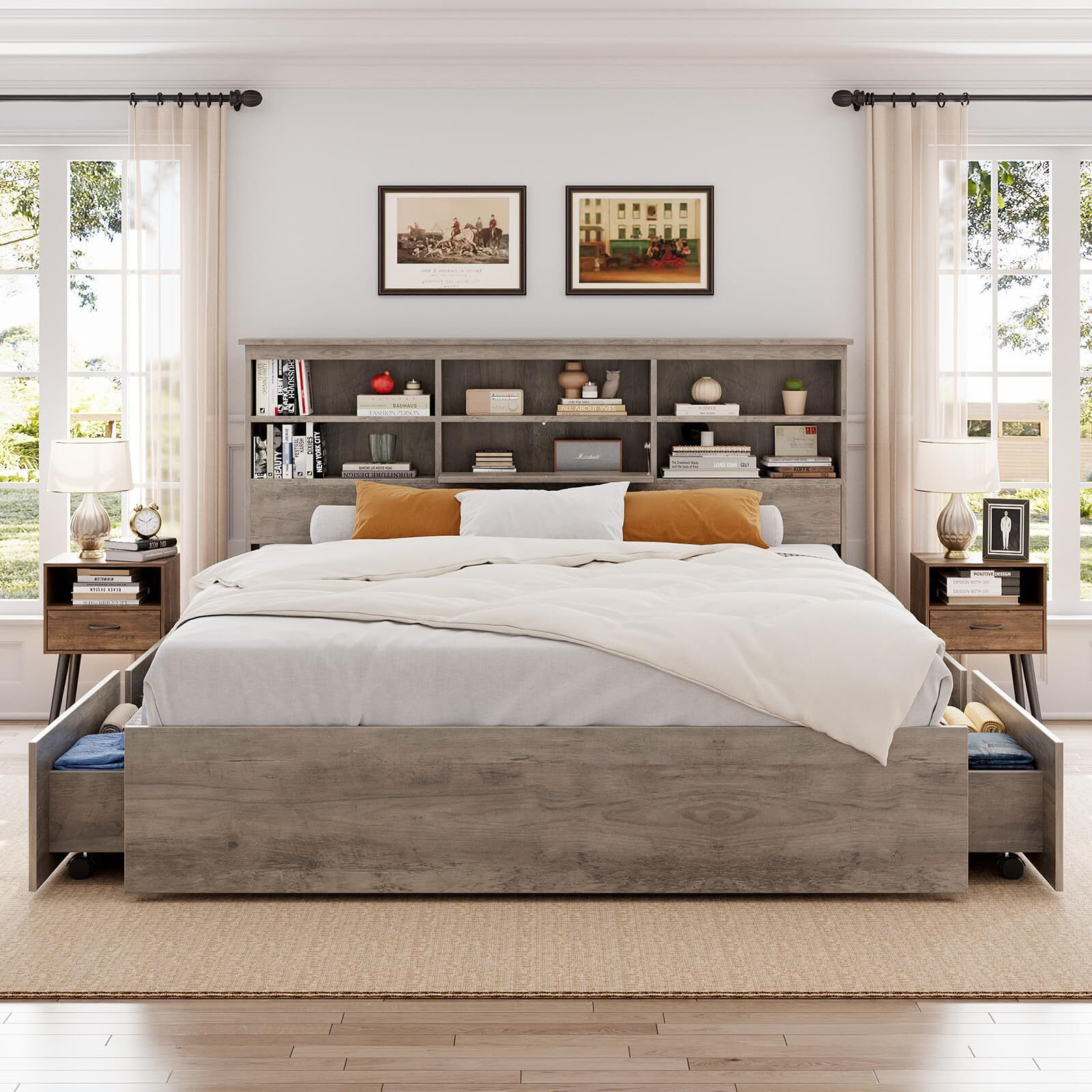 Queen bed frame with storage and bookcase headboard discount